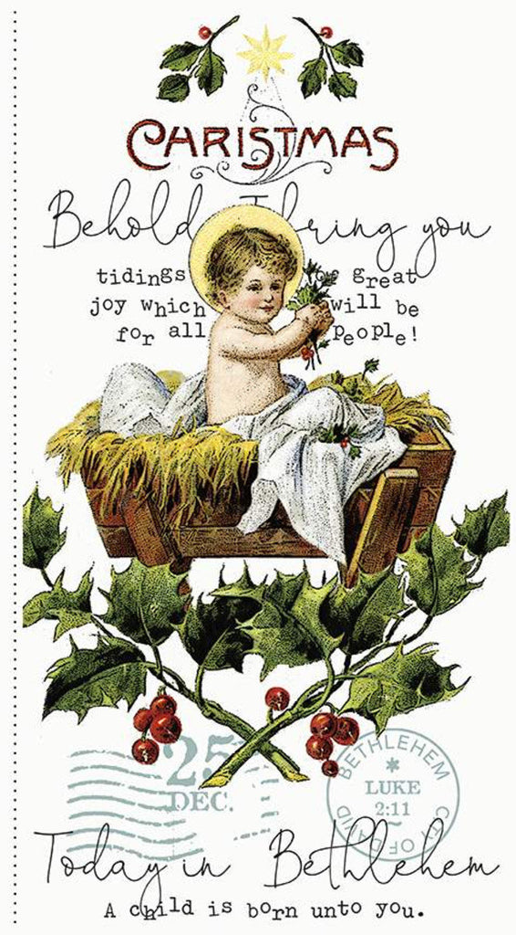 SALE All About Christmas Panel P10790 - Riley Blake Designs - Baby Jesus Manger Bible References on White - Quilting Cotton Fabric
