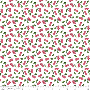 25" End of Bolt - SALE Summer Picnic Cherries C10753 White - Riley Blake Designs - Cherry Leaves - Quilting Cotton Fabric