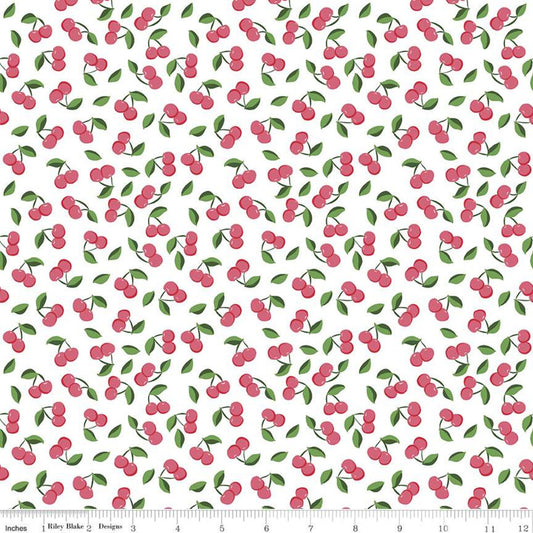 25" End of Bolt - SALE Summer Picnic Cherries C10753 White - Riley Blake Designs - Cherry Leaves - Quilting Cotton Fabric