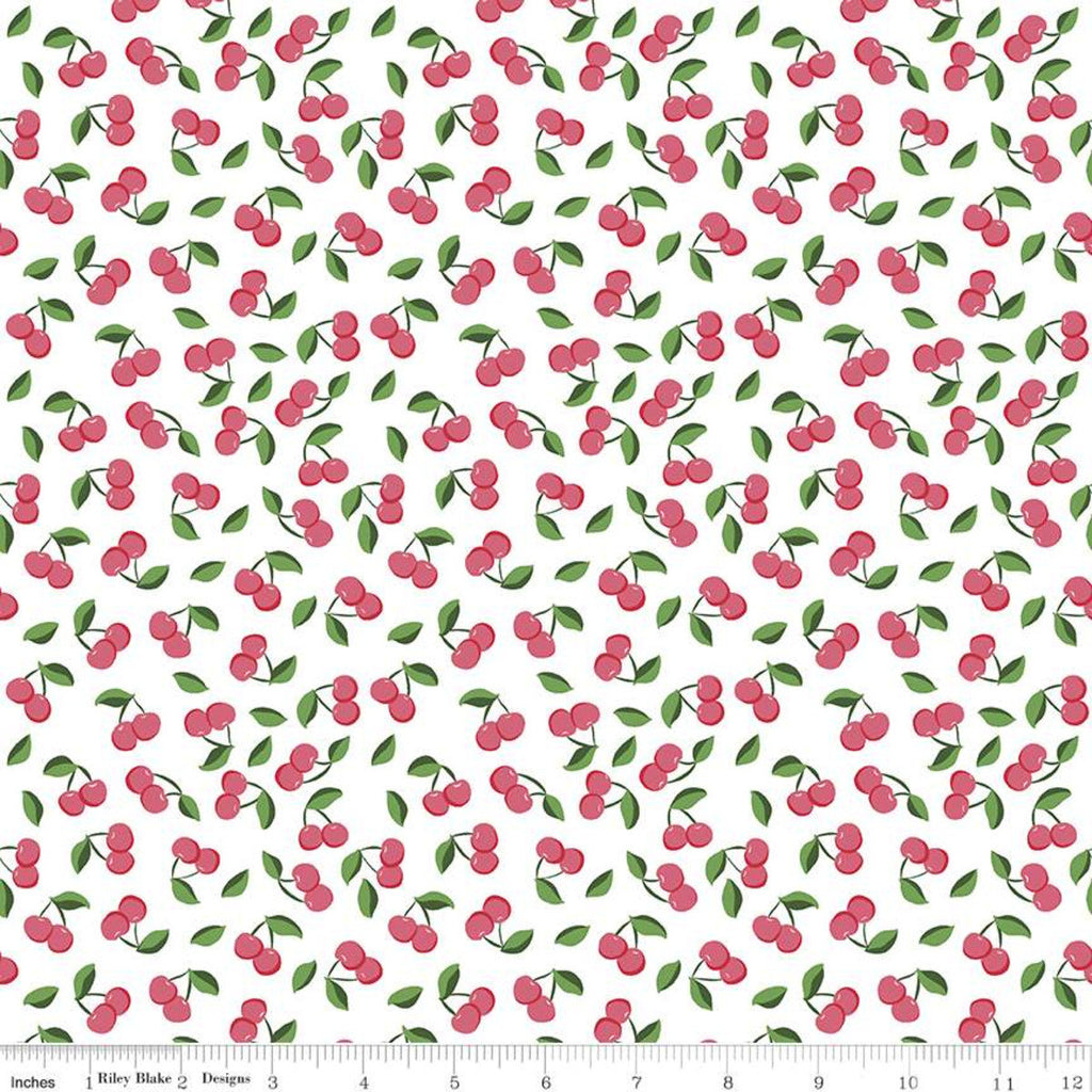 SALE Summer Picnic Cherries C10753 White - Riley Blake Designs - Cherry Leaves - Quilting Cotton Fabric
