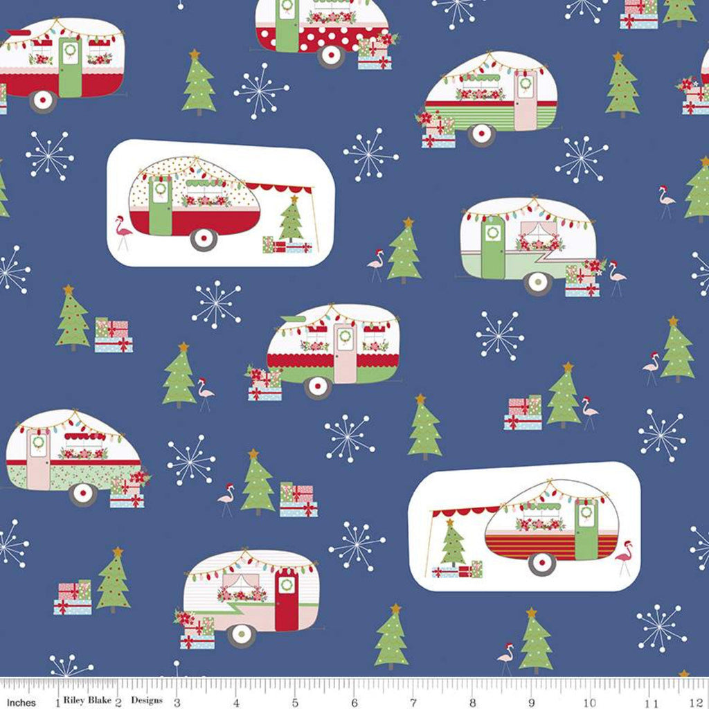 Fat Quarter end of bolt - CLEARANCE Christmas Adventure Main SC10730 Denim SPARKLE - Riley Blake - Camping Gold Blue - Quilting Cotton