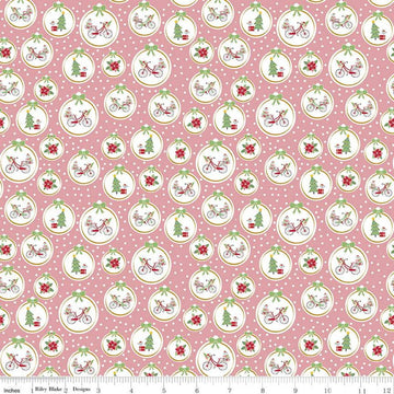 26" End of Bolt - Christmas Adventure Ornaments SC10732 Peony SPARKLE - Riley Blake - Trees Bicycles Flowers Gold Pink - Quilting Cotton