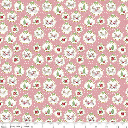 26" End of Bolt - Christmas Adventure Ornaments SC10732 Peony SPARKLE - Riley Blake - Trees Bicycles Flowers Gold Pink - Quilting Cotton