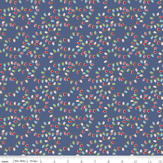 CLEARANCE Christmas Adventure Lights SC10733 Denim SPARKLE - Riley Blake Designs - String Light Loops Gold SPARKLE Blue - Quilting Cotton