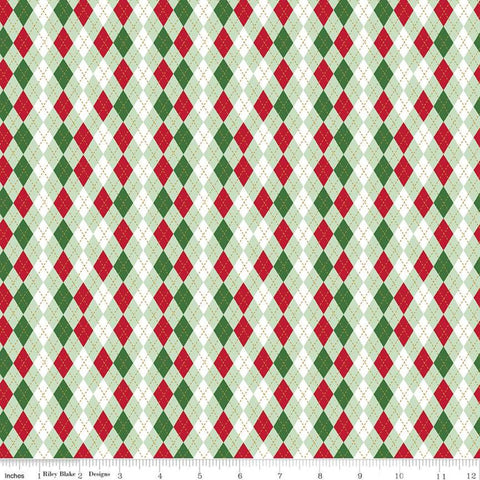 29" End of Bolt - Christmas Adventure Argyle SC10736 Sweet Mint SPARKLE - Riley Blake - Gold Diamonds Red White Green  - Quilting Cotton