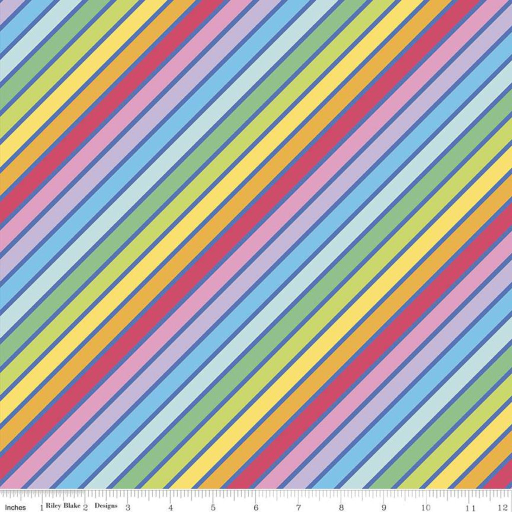 20" End of bolt piece - SALE Rainbowfruit Calories Don't Count C10892 Blue - Riley Blake - Diagonal Stripes Striped - Quilting Cotton Fabric