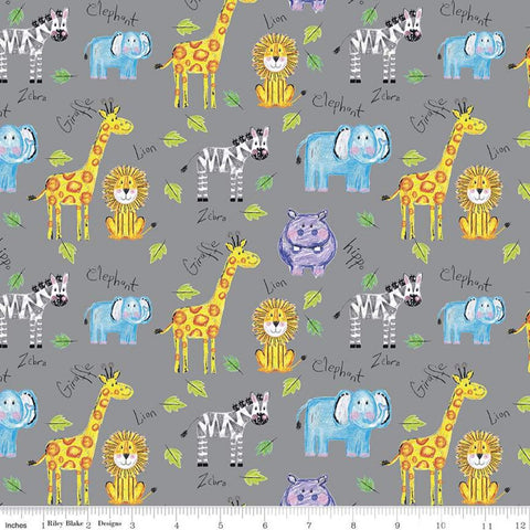 Colorful Friends Main C11010 Granite - Riley Blake Designs - Crayola Crayons Animals Lions Elephants Gray - Quilting Cotton Fabric