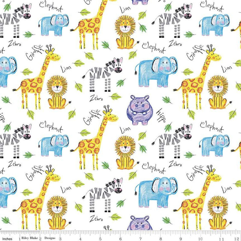 Colorful Friends Main C11010 White - Riley Blake Designs - Crayola Crayons Animals Lions Elephants Hippos - Quilting Cotton Fabric