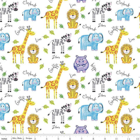 Colorful Friends Main C11010 White - Riley Blake Designs - Crayola Crayons Animals Lions Elephants Hippos - Quilting Cotton Fabric