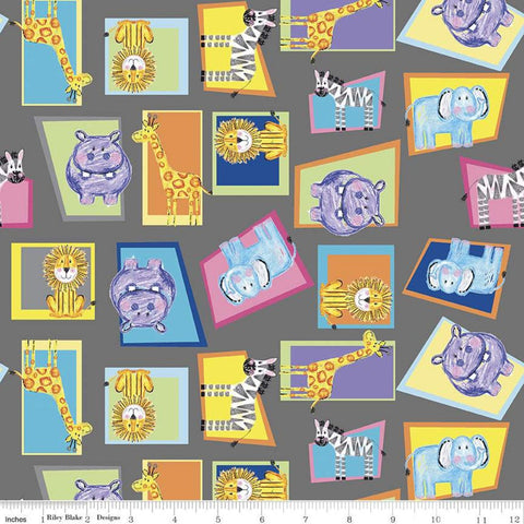 25" End of Bolt - CLEARANCE Colorful Friends Animals C11011 Charcoal - Riley Blake - Crayola Elephants Lion Giraffe - Quilting Cotton Fabric