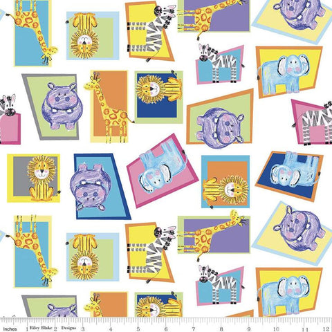 SALE Colorful Friends Animals C11011 White - Riley Blake - Crayola Crayons Elephants Lions Giraffes Hippos Zebras  - Quilting Cotton Fabric