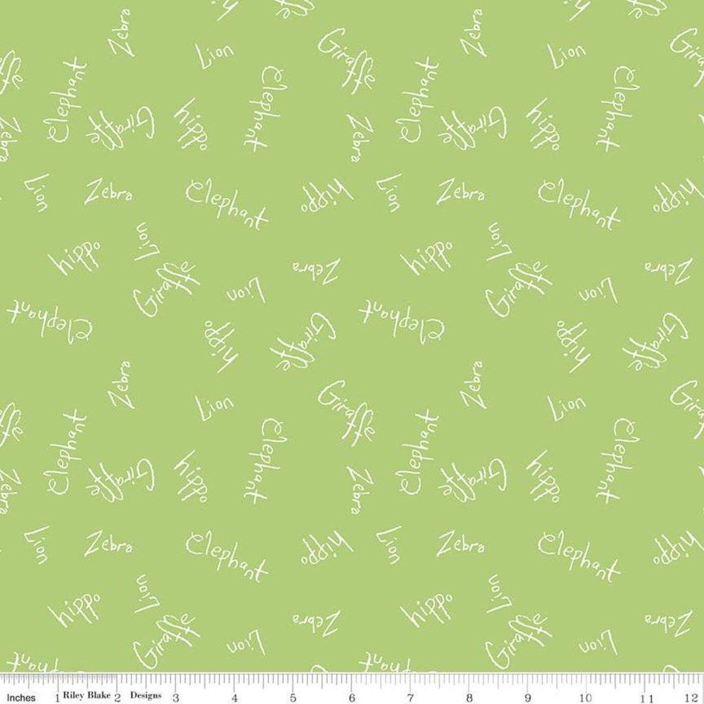 Colorful Friends Words C11012 Key Lime - Riley Blake Designs - Crayola Crayons Animal Names White on Green - Quilting Cotton Fabric