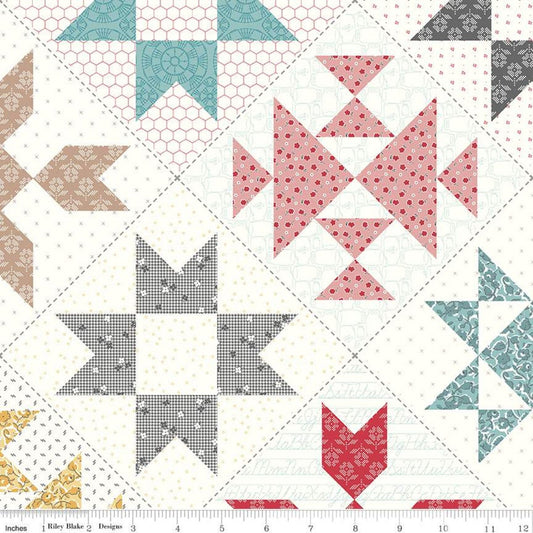 DEAL Stitch Cheater Print CH10939 Multi - Riley Blake - PRINTED On-Point Quilt Blocks on Cloud Off White - Lori Holt - Quilting Cotton