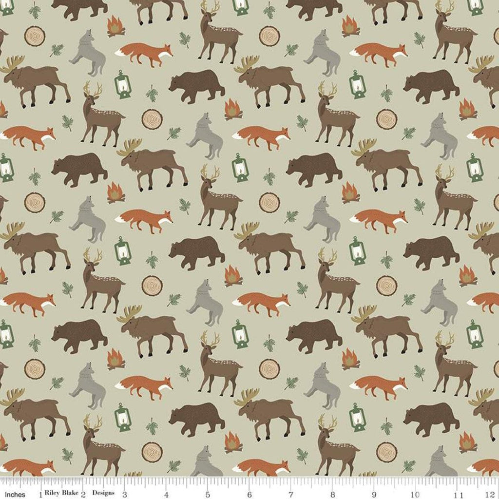 Adventure is Calling Wildlife C10721 Khaki - Riley Blake - Outdoors Beige Moose Wolves Bears Foxes Deer - Quilting Cotton Fabric