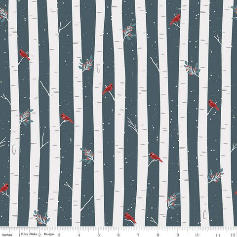 CLEARANCE Winterland Main C10710 Midnight - Riley Blake Designs - Cardinals Birds Trees Leaves Blue Off White - Quilting Cotton Fabric