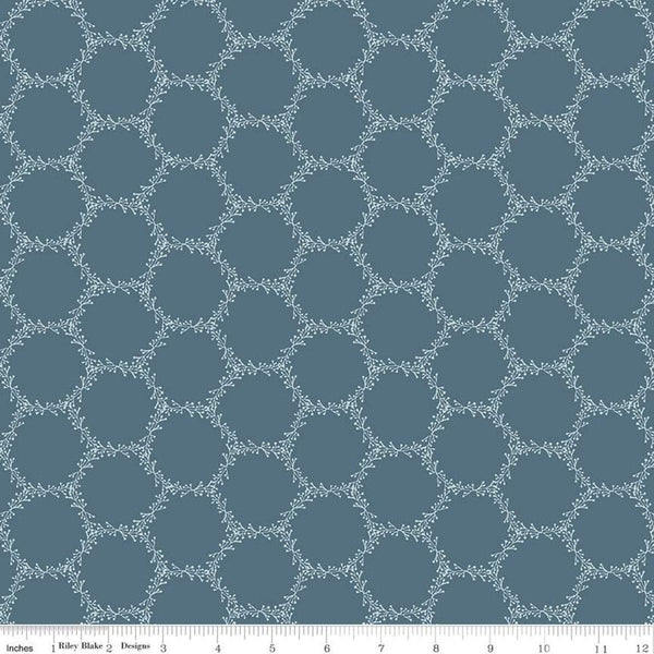 CLEARANCE Winterland Hexi Holly C10712 Colonial - Riley Blake - Berry Sprigs Hexagons Geometric Blue  - Quilting Cotton Fabric