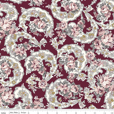 CLEARANCE Exquisite Paisley SC10701 Burgundy SPARKLE - Riley Blake Designs - Floral Flowers Red Gold SPARKLE - Quilting Cotton Fabric