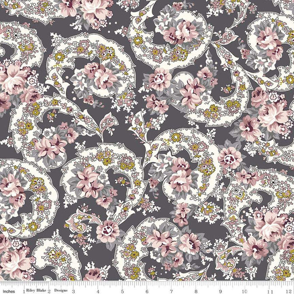 SALE Exquisite Paisley SC10701 Charcoal SPARKLE - Riley Blake Designs - Floral Flowers Gray Gold SPARKLE - Quilting Cotton Fabric