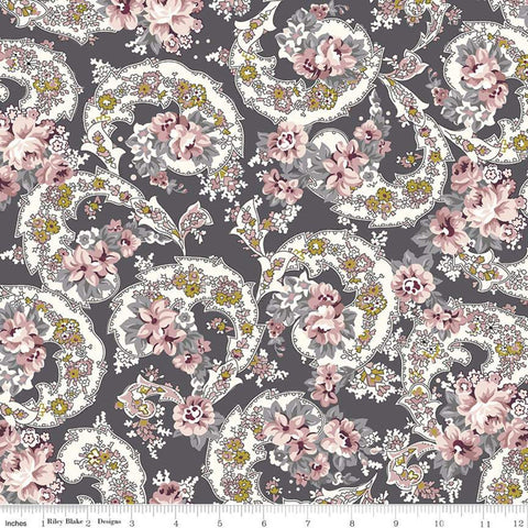 Exquisite Paisley SC10701 Charcoal SPARKLE - Riley Blake Designs - Floral Flowers Gray Gold SPARKLE - Quilting Cotton Fabric