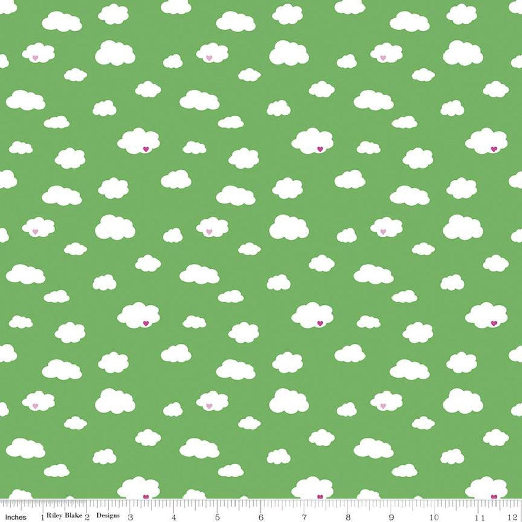 CLEARANCE Dream  Drift C10771 Green - Riley Blake Designs - White Clouds Pink Hearts - Quilting Cotton