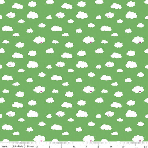 CLEARANCE Dream  Drift C10771 Green - Riley Blake Designs - White Clouds Pink Hearts - Quilting Cotton