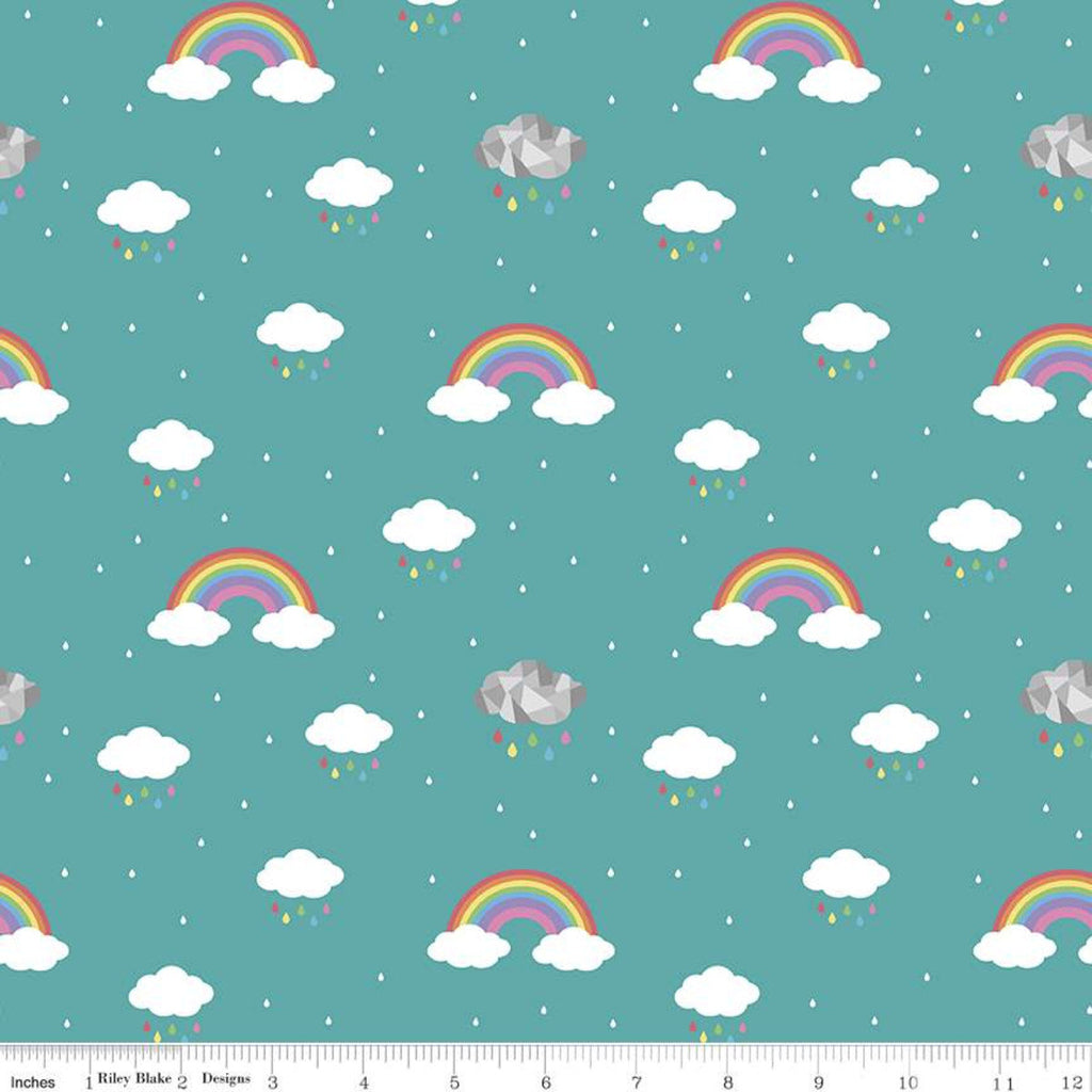 CLEARANCE Dream In Color C10772 Vivid - Riley Blake Designs - White Clouds Rainbows Raindrops Blue Green - Quilting Cotton Fabric