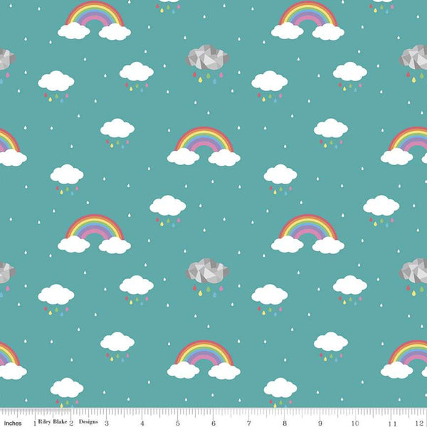 21" End of Bolt - CLEARANCE Dream In Color C10772 Vivid - Riley Blake - White Clouds Rainbows Raindrops Blue Green - Quilting Cotton Fabric