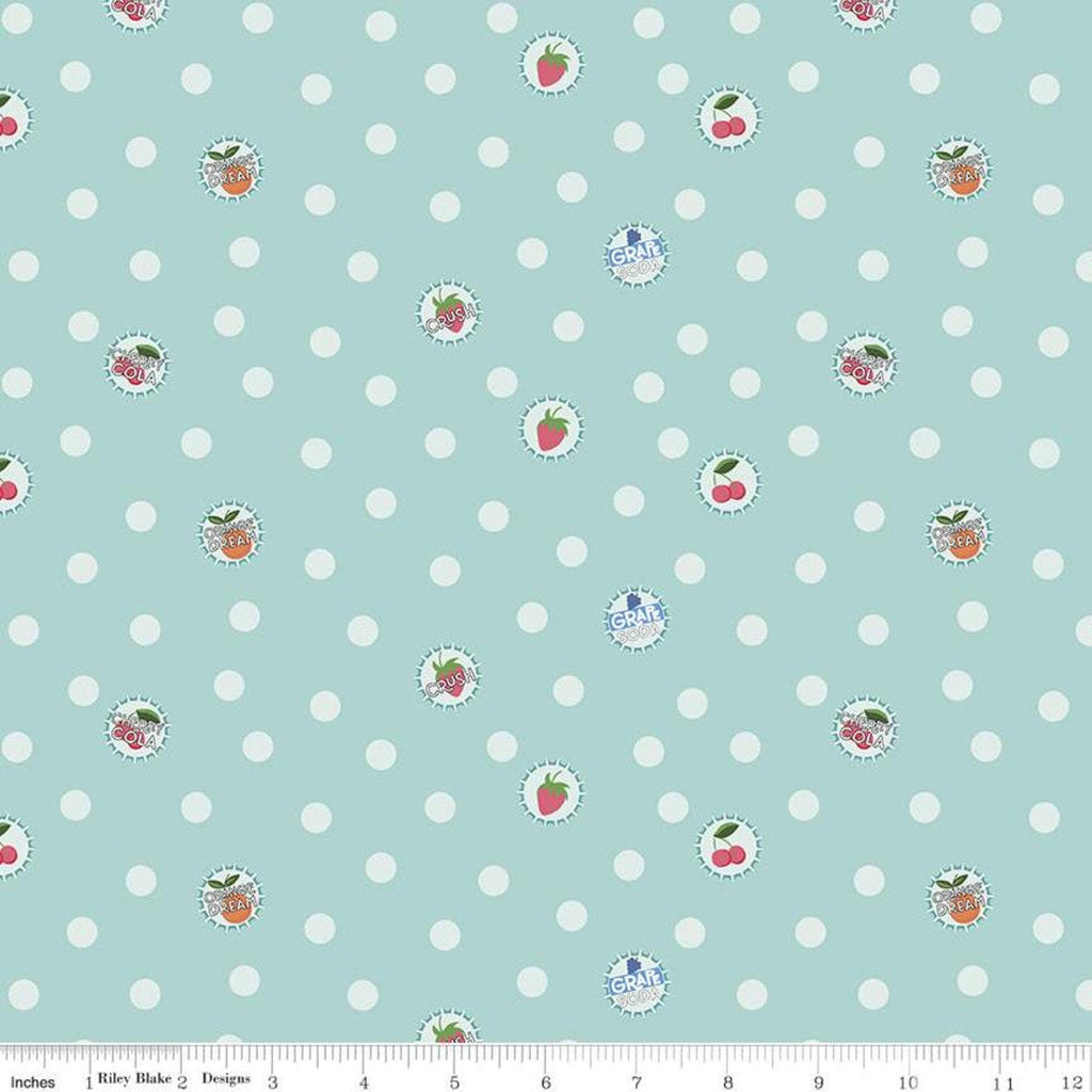 Fat Quarter End of Bolt - SALE Summer Picnic Bottlecaps C10752 Songbird - Riley Blake - Soda Caps Polka Dots Dotted Blue - Quilting Cotton