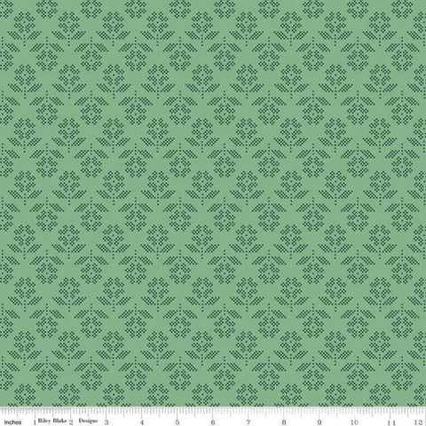 30" End of Bolt - CLEARANCE Stitch Flower C10932 Alpine - Riley Blake Designs - Floral Flowers Green - Lori Holt - Quilting Cotton Fabric