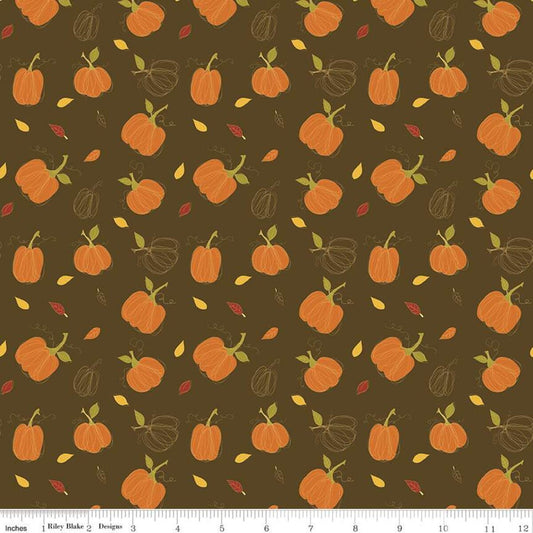 DEAL Adel in Autumn Pumpkins C10821 Chocolate - Riley Blake Designs - Fall Pumpkin Leaves Brown - Quilting Cotton Fabric