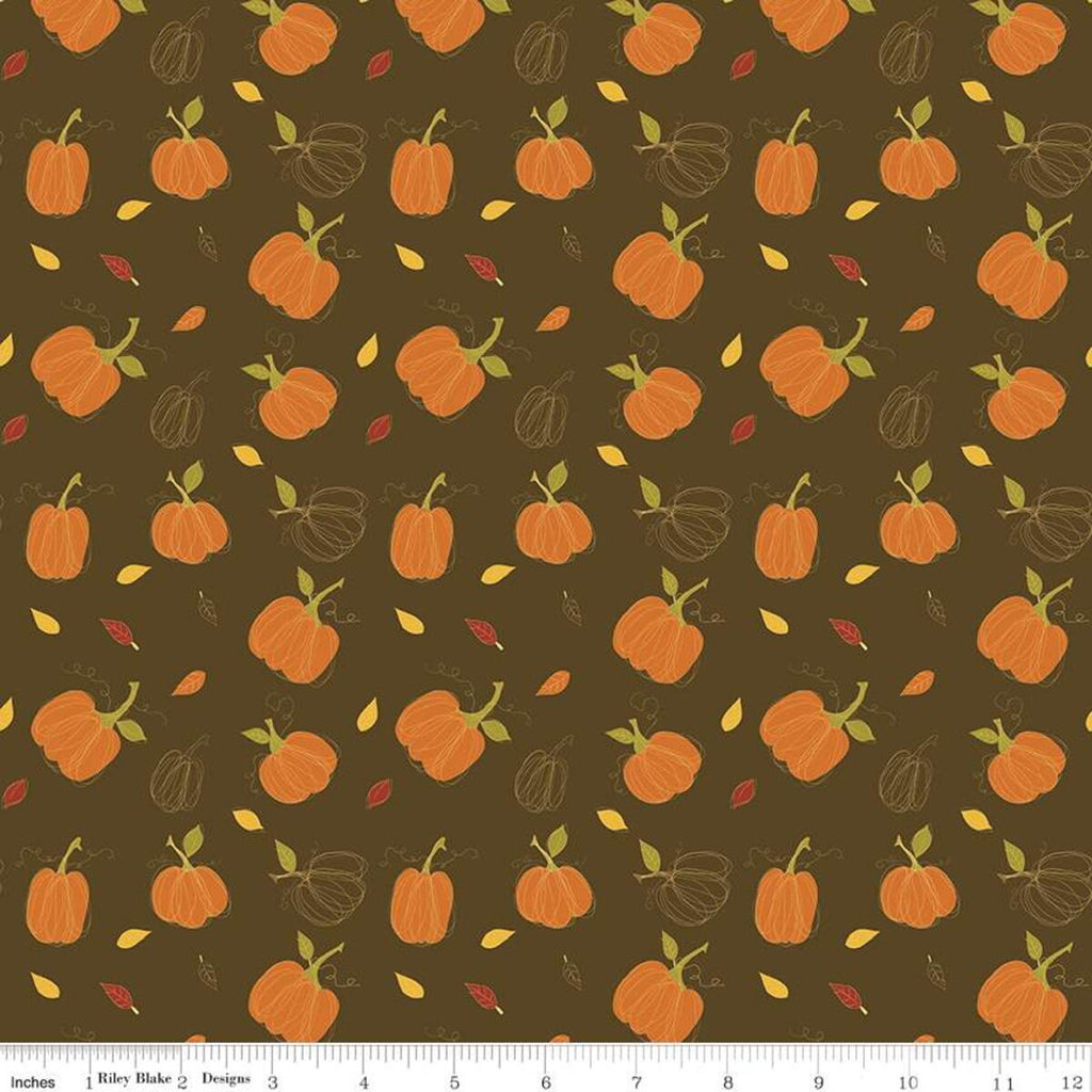Adel in Autumn Pumpkins C10821 Chocolate - Riley Blake Designs - Fall Pumpkin Leaves Brown - Quilting Cotton Fabric
