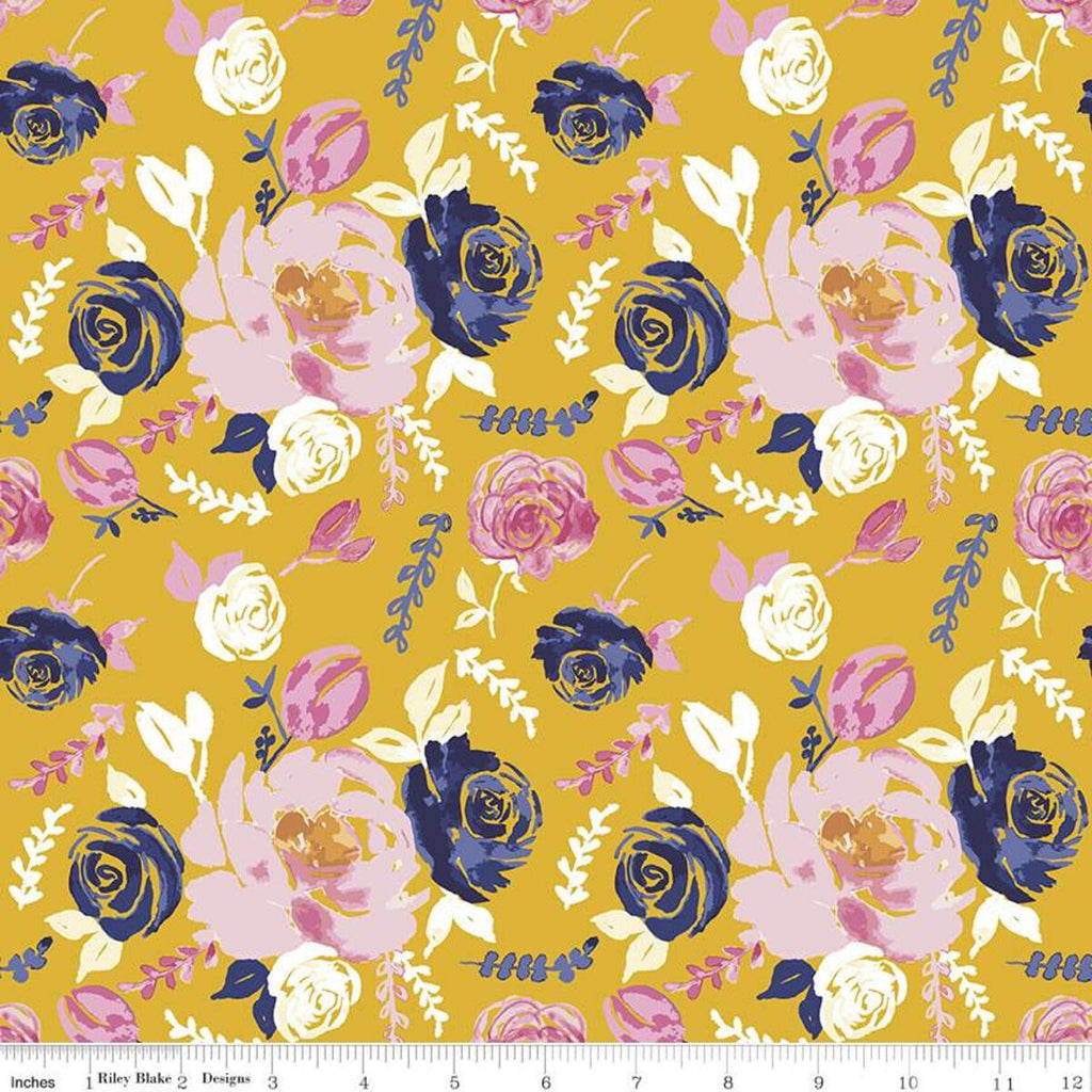 31" End of Bolt Piece - SALE KNIT Floral KD11256 Gold  - Riley Blake - Melissa - Flowers - Digitally Printed Jersey Cotton Stretch Fabric