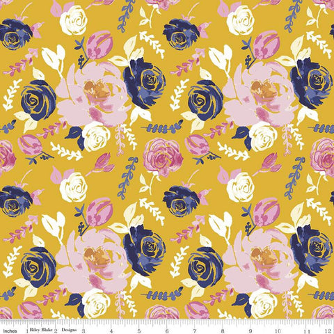 31" End of Bolt Piece - SALE KNIT Floral KD11256 Gold  - Riley Blake - Melissa - Flowers - Digitally Printed Jersey Cotton Stretch Fabric
