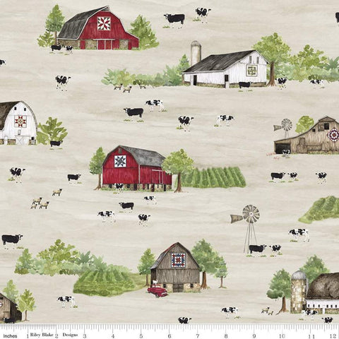 Barn Quilts Main CD11050 Parchment - Riley Blake - DIGITALLY PRINTED Barns Cows Fields Trees Windmills - Quilting Cotton
