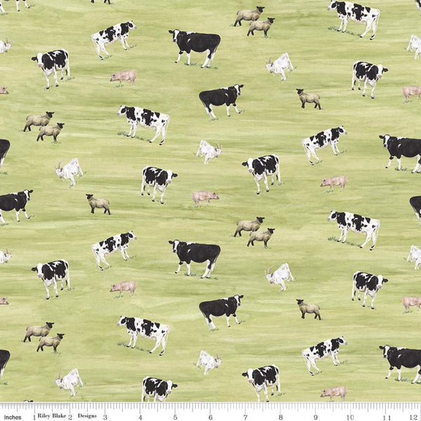 27" End of Bolt - SALE Barn Quilts Animals CD11051 Green - Riley Blake - DIGITALLY PRINTED Cows Sheep Goats Pigs - Quilting Cotton