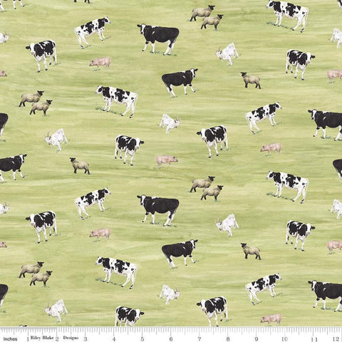 SALE Barn Quilts Animals CD11051 Green - Riley Blake - DIGITALLY PRINTED Cows Sheep Goats Pigs - Quilting Cotton