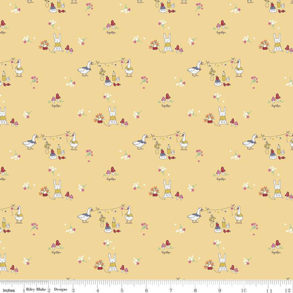 SALE Hidden Cottage Friends C10762 Sunshine - Riley Blake Designs - Flowers Mushrooms Bunnies Ducks Gold - Quilting Cotton