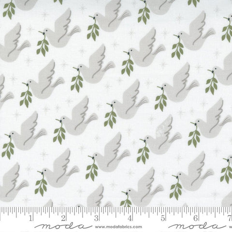 31" End of Bolt - Christmas Morning Lovey Dovey 5141 Snow - Moda Fabrics - Birds Doves Leaves on White - Quilting Cotton Fabric