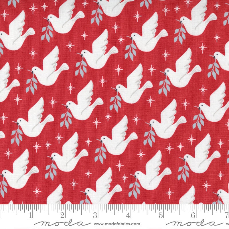 SALE Christmas Morning Lovey Dovey 5141 Cranberry - Moda Fabrics - Birds Doves Leaves on Red - Quilting Cotton Fabric