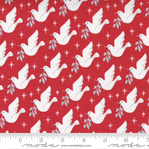 SALE Christmas Morning Lovey Dovey 5141 Cranberry - Moda Fabrics - Birds Doves Leaves on Red - Quilting Cotton Fabric