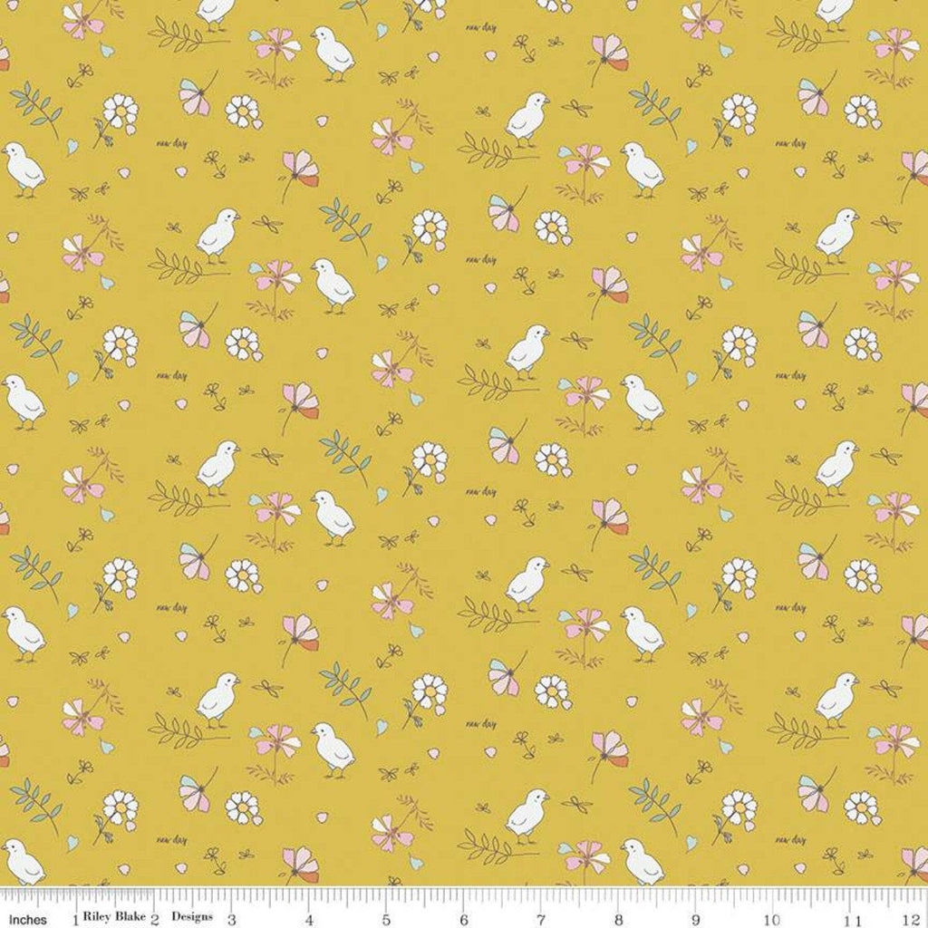 SALE Hidden Cottage Birds C10763 Curry - Riley Blake Designs - Flowers Leaves Chicks Gold - Quilting Cotton