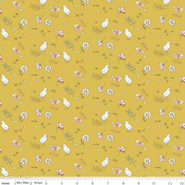 SALE Hidden Cottage Birds C10763 Curry - Riley Blake Designs - Flowers Leaves Chicks Gold - Quilting Cotton