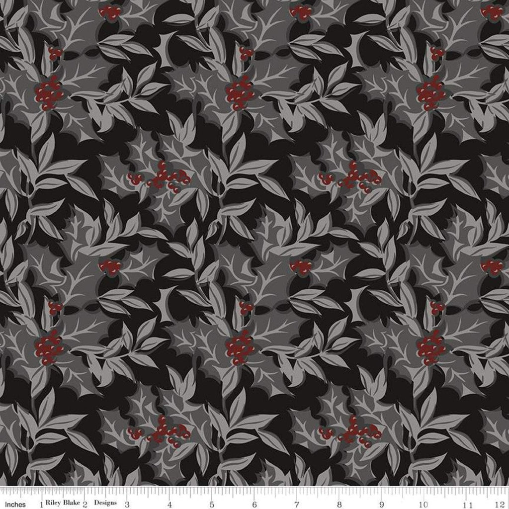 30" End of Bolt Piece - CLEARANCE Christmas at Buttermilk Acres C10901 Black - Riley Blake - Holly Leaves Berries - Quilting Cotton Fabric