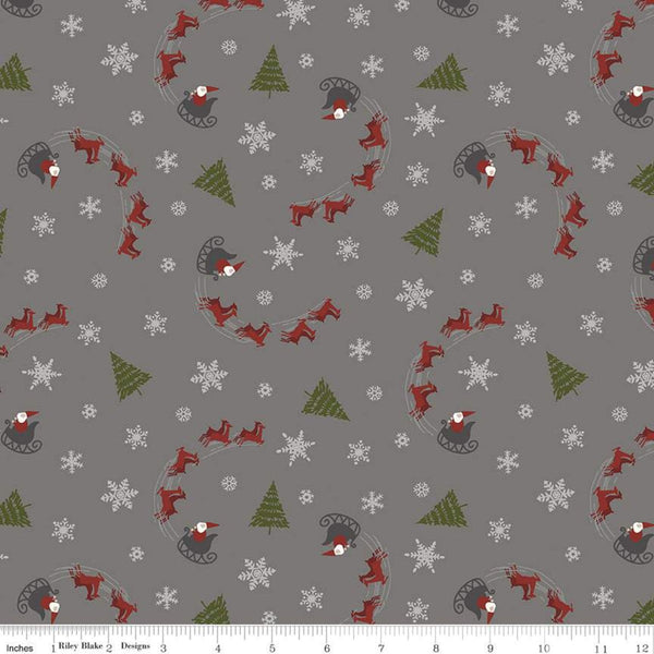 29" End of Bolt - CLEARANCE Christmas at Buttermilk Acres Sleigh C10902 Gray - Riley Blake - Santa Reindeer Trees - Quilting Cotton Fabric