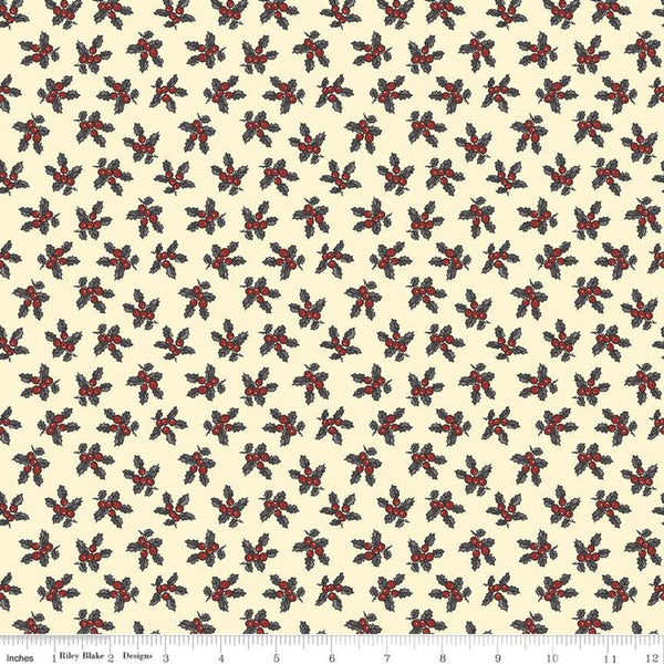 35" End of Bolt - CLEARANCE Christmas at Buttermilk Acres Holly C10903 Charcoal - Riley Blake-Berries Leaves on Cream-Quilting Cotton Fabric