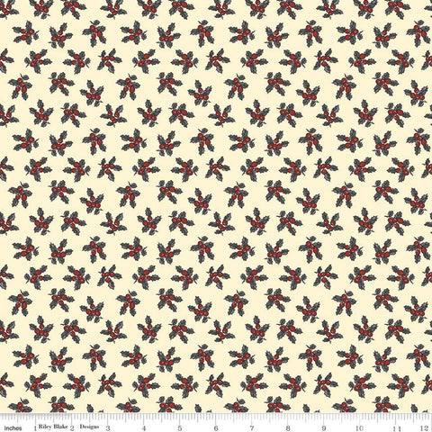 35" End of Bolt - CLEARANCE Christmas at Buttermilk Acres Holly C10903 Charcoal - Riley Blake-Berries Leaves on Cream-Quilting Cotton Fabric