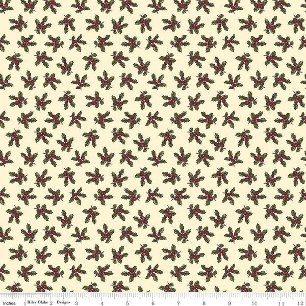 SALE Christmas at Buttermilk Acres Holly C10903 Cream - Riley Blake Designs - Berries Green Leaves on Cream - Quilting Cotton Fabric