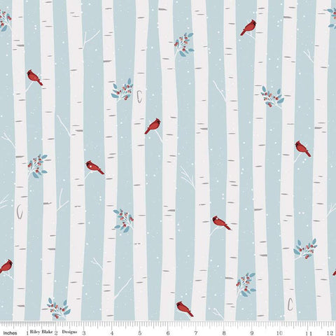 Winterland Main C10710 Sky - Riley Blake Designs - Cardinals Birds Trees Leaves Berries Blue Off White - Quilting Cotton Fabric