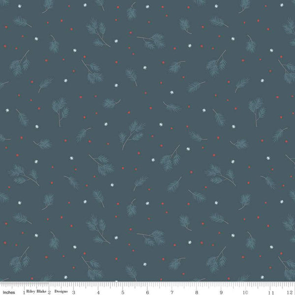 SALE Winterland Spruce C10711 Midnight - Riley Blake Designs - Pine Sprigs Snowflakes Dots Blue  - Quilting Cotton Fabric