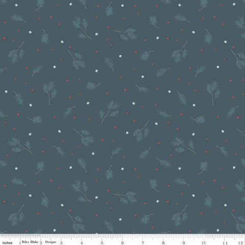 SALE Winterland Spruce C10711 Midnight - Riley Blake Designs - Pine Sprigs Snowflakes Dots Blue  - Quilting Cotton Fabric